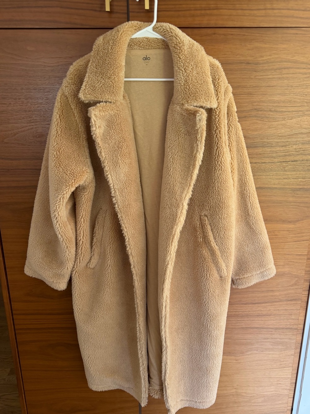 ALO YOGA Oversized Sherpa Long Trench Coat Fleece Teddy Jacket Camel Medium
